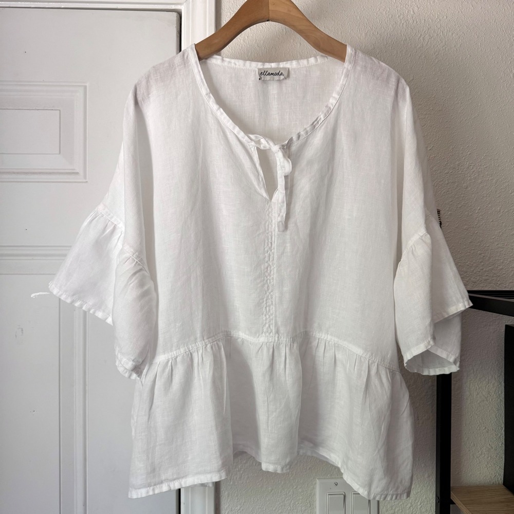 ELLAMODA white linen boxy short‎ sleeve cropped peplum ruffle shirt top blouse